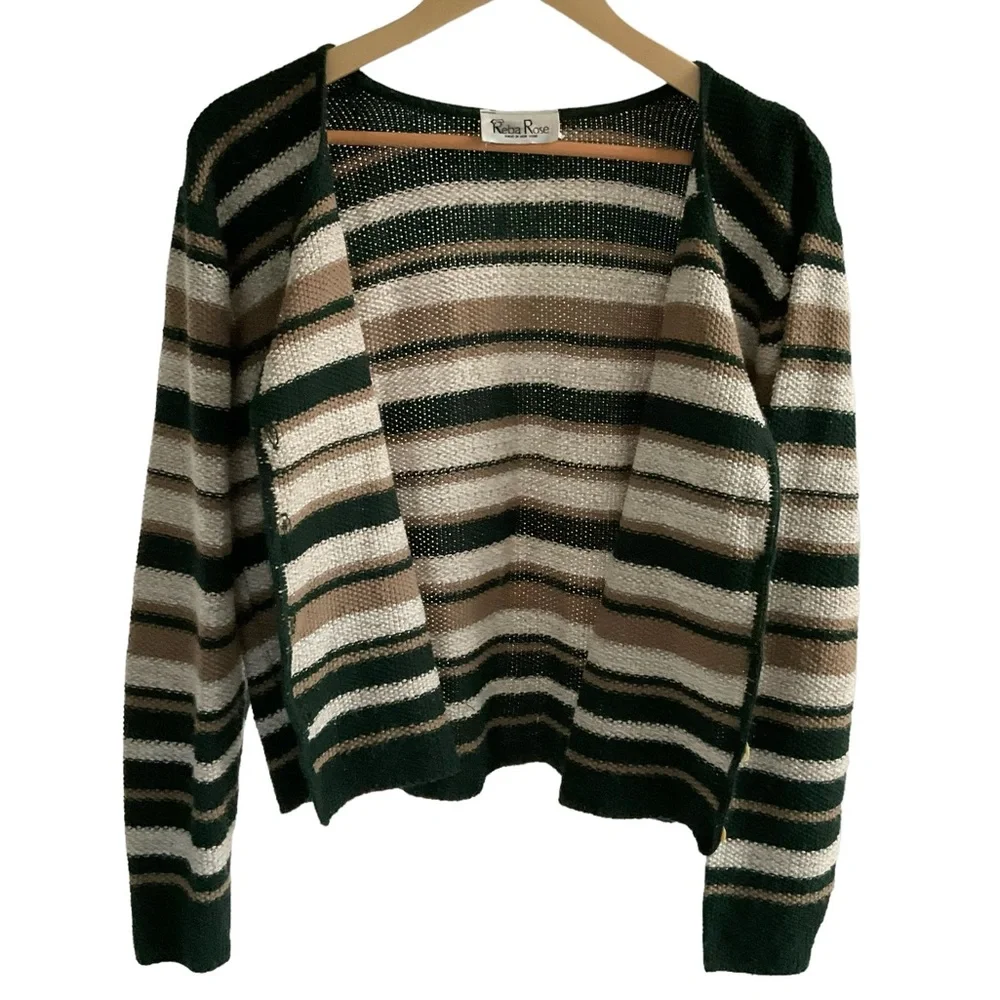 Vintage Reba Rose Boxy Striped Cardigan Sweater Earthy Coastal Cottageco… - Picture 5 of 16